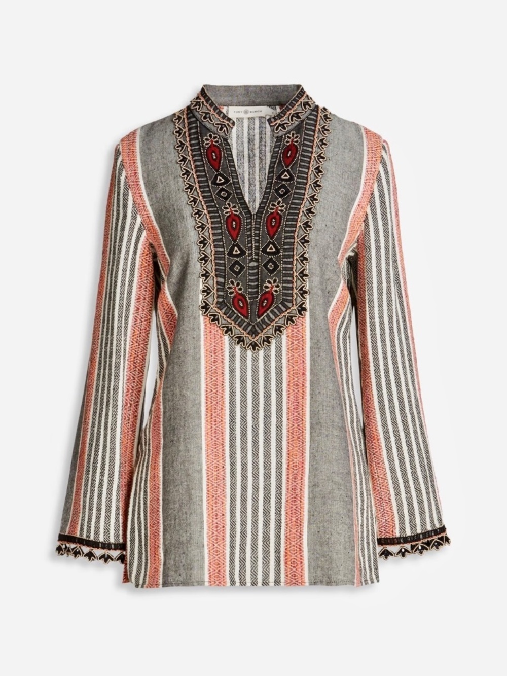 Tory Burch Bead Embellished Embroidered Striped Cotton Blend Tunic Top Boho Sz 6